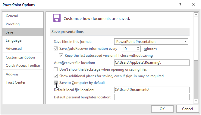 کادر محاوره ای PowerPoint Options