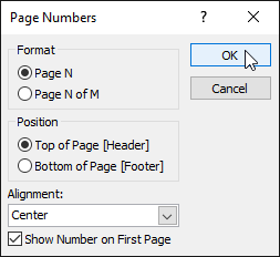 کادر محاوره ای Page Numbers